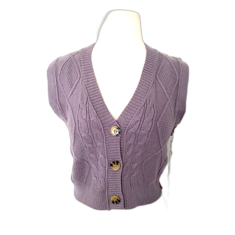 NWT Hazel Moon Cropped V Neck Knit Sweater Vest Purple Short Sleeve Sz M (flaw)